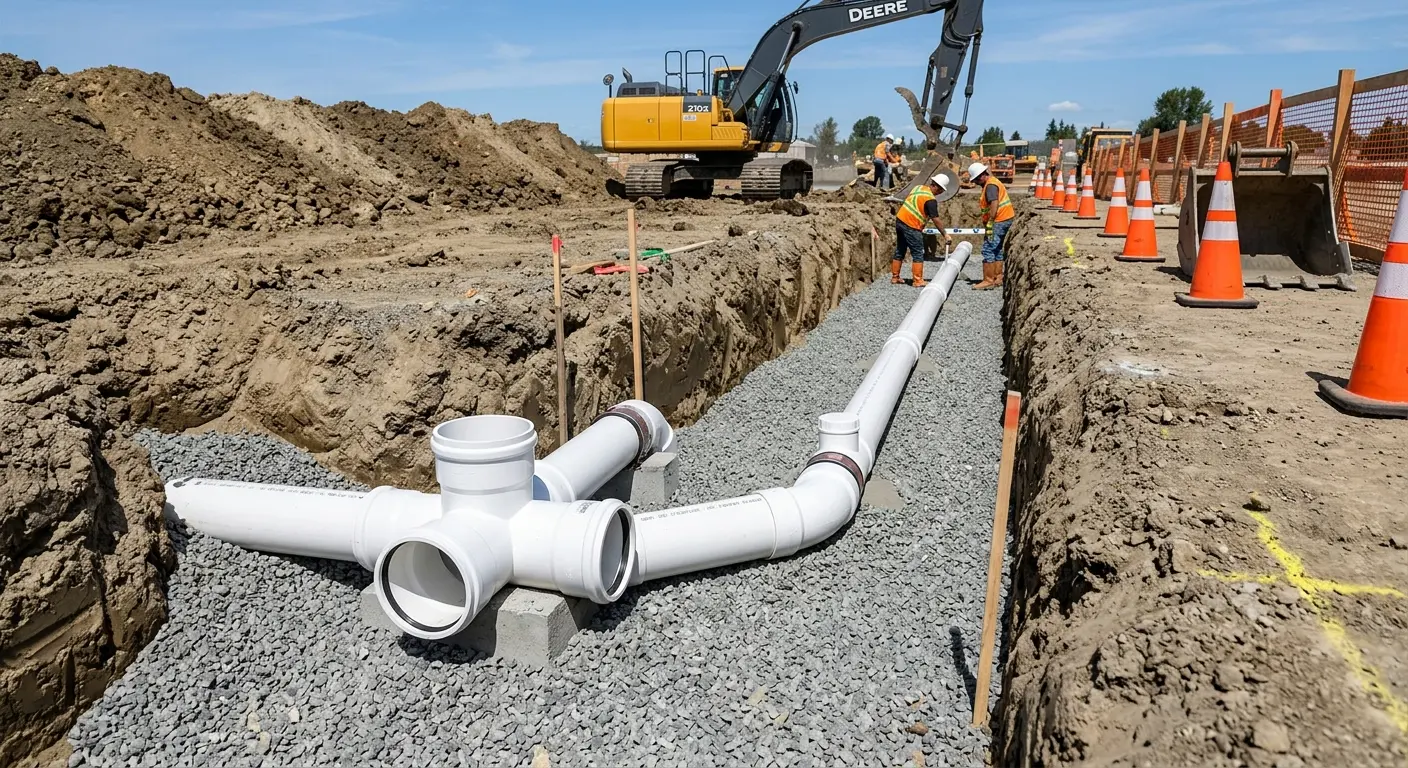 New PVC sewer pipe installation in open trench for Sewer Backup in Sangaree