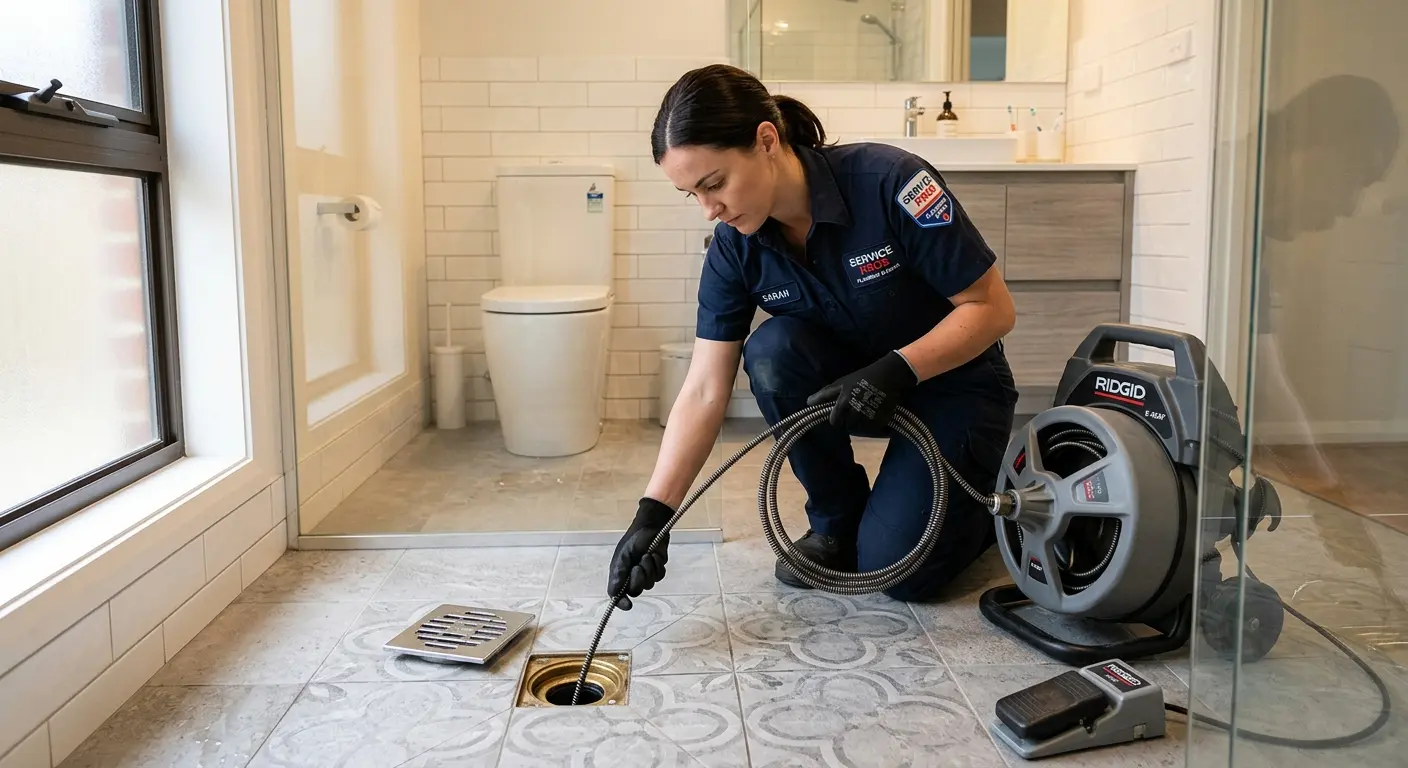 Technician clearing a bathroom floor drain for Hydro Jetting in Sangaree